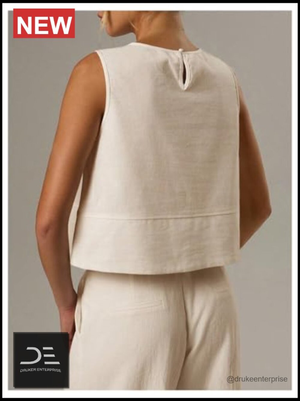 Linen Blend Tank Top - Sleeveless Crop Top - Work & Casual - Picture 4 of 5
